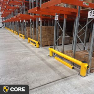 Rack End Barrier with floor rail protecting the end of warehouse aisle racking