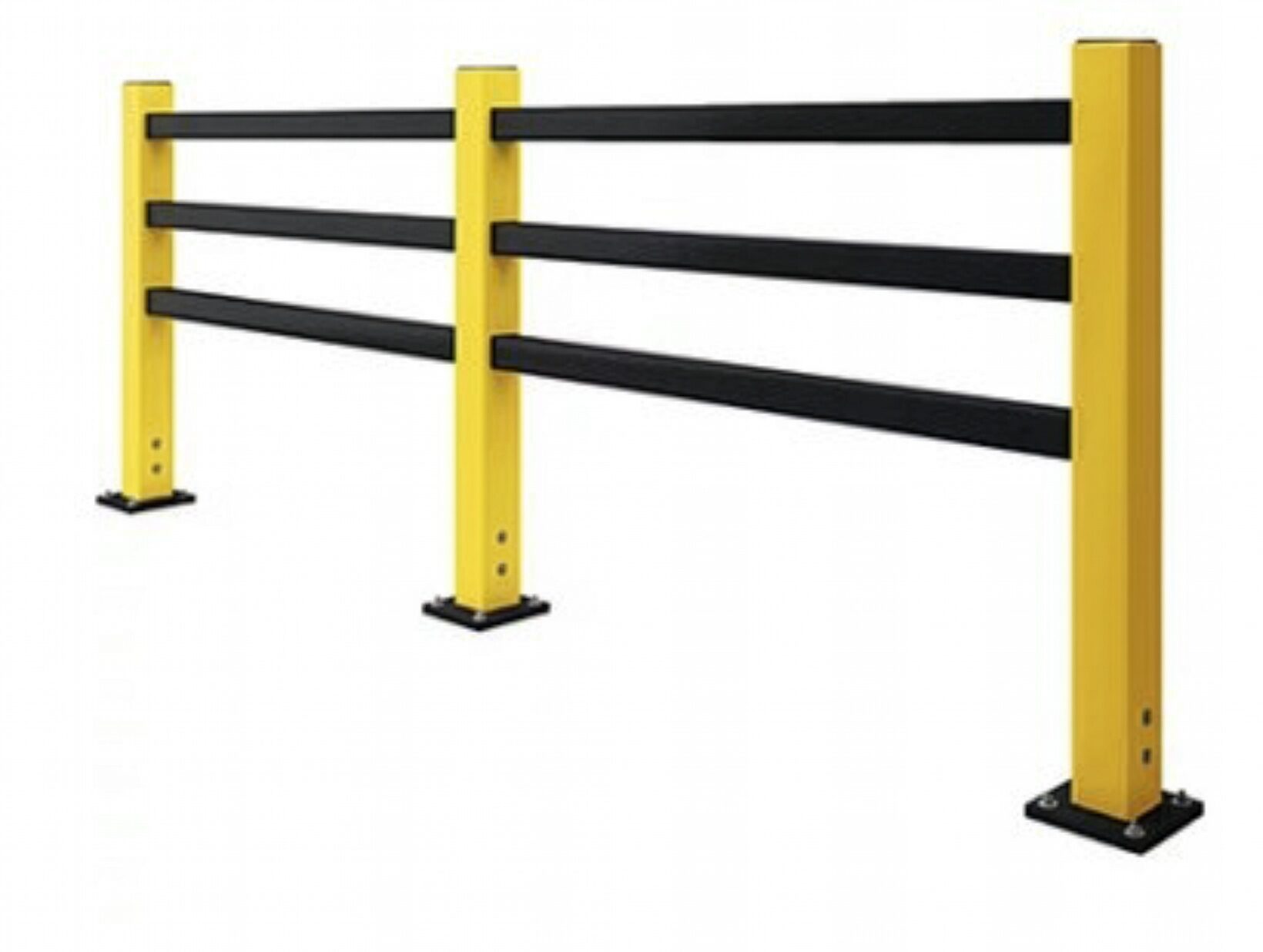3 rail pedestrian safety barrier with yellow posts and black rails for warehouse walkway protection