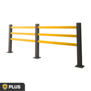 3 rail pedestrian safety barrier in safety yellow and grey for warehouse and industrial walkway protection.