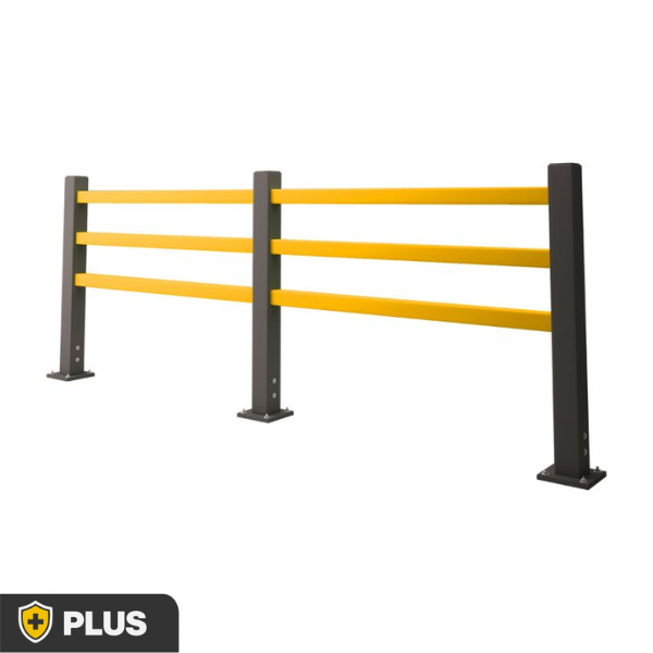 3 rail pedestrian safety barrier in safety yellow and grey for warehouse and industrial walkway protection.