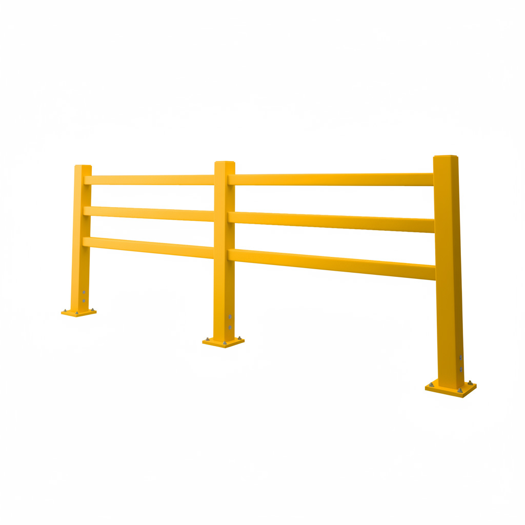 3 rail pedestrian safety barrier in safety yellow for warehouse and industrial walkway protection