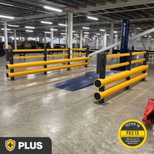 Two runs of yellow and grey polymer Double Bumper Pedestrian Barriers surrounding a pallet wrapping machine, shown with PAS 13 and Brandsafe Plus Range logos.