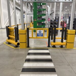 Yellow polymer pedestrian safety gates installed at a fresh food distribution centre in Derby