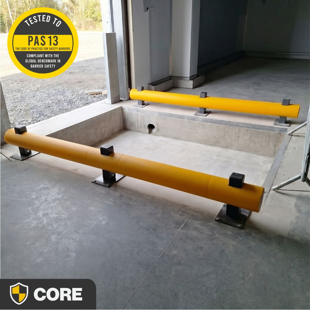 Single Bumper Barrier with PAS 13 logo for warehouse impact protection