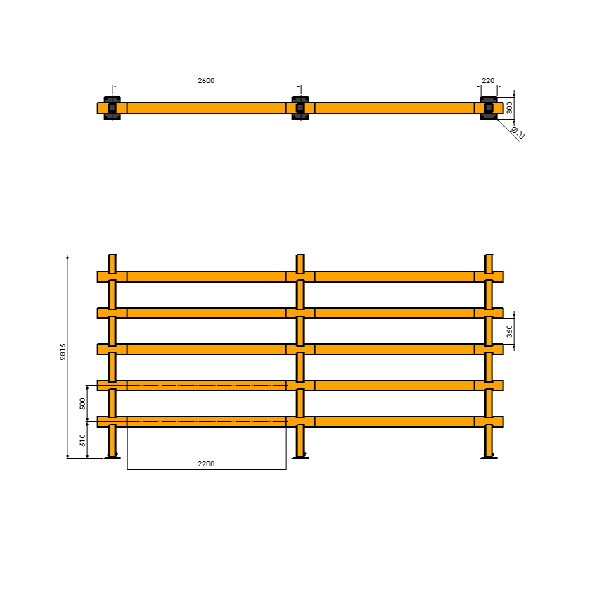 CAD front and top view of a yellow anti topple polymer barrier