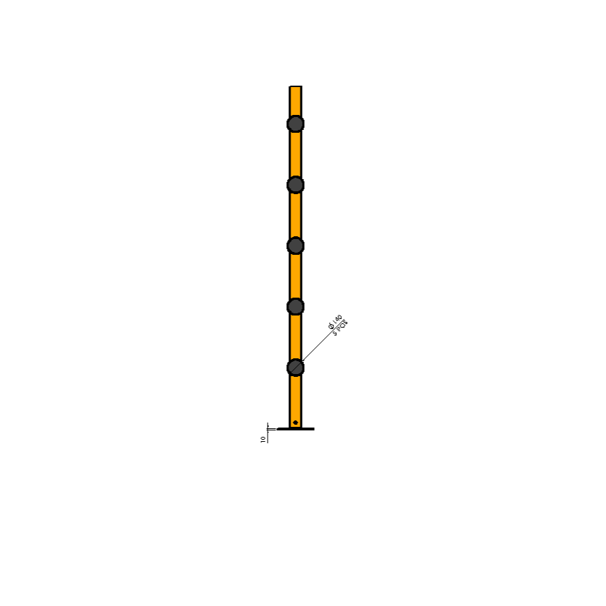 CAD side view of a yellow anti topple barrier for warehouse height protection