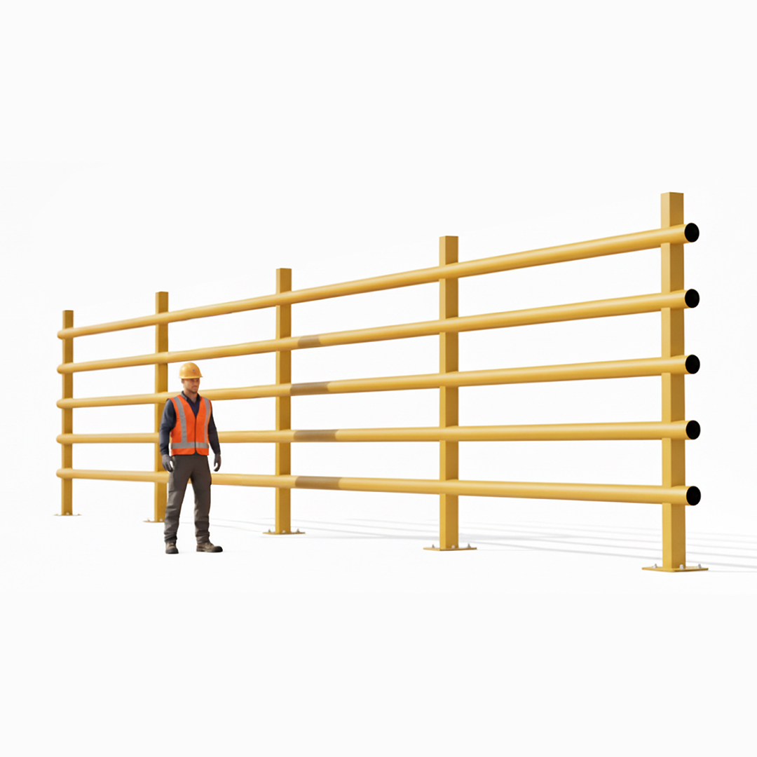 Computer made side view of a yellow anti topple barrier for warehouse height protection