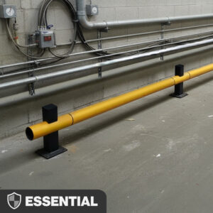 Yellow and grey SpaceSaver Bumper Barrier protecting a warehouse building edge from impact.