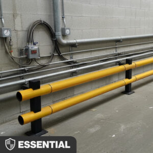 Yellow and grey SpaceSaver Double Bumper Barrier protecting a warehouse building edge from impact.