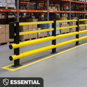 Yellow and grey SpaceSaver Double Bumper Pedestrian Barrier defining a safe warehouse walkway with racking behind.