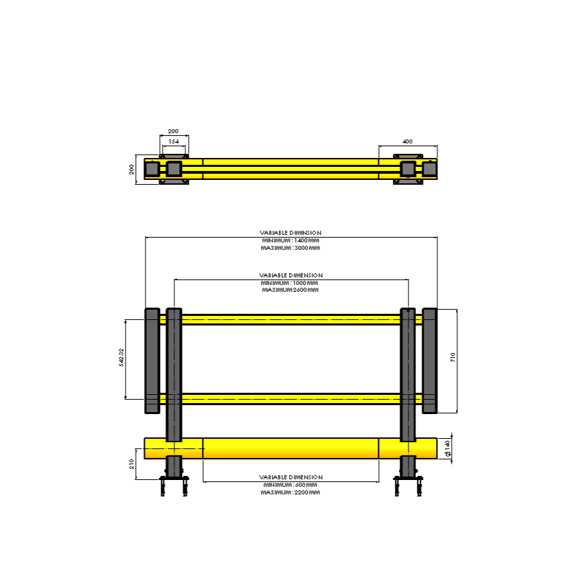 CAD drawing of the SpaceSaver Single Bumper Pedestrian Barrier showing front and top views with dimensions.