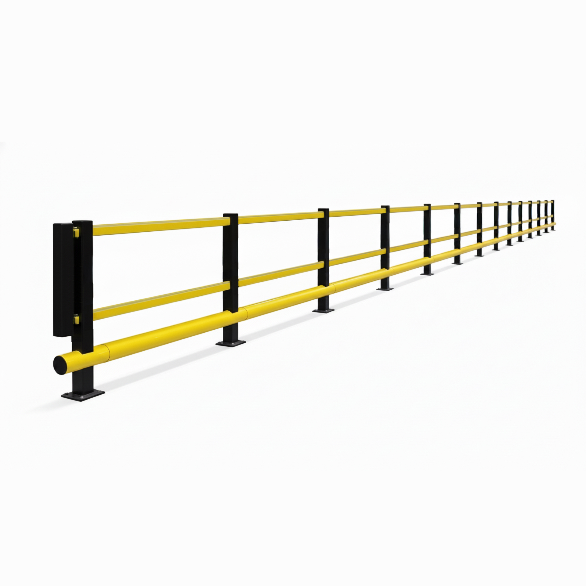 Computer made long run of the SpaceSaver Single Bumper Pedestrian Barrier on a white background.