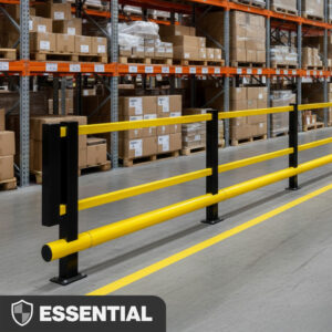Yellow and grey SpaceSaver Single Bumper Pedestrian Barrier defining a safe warehouse walkway with racking behind