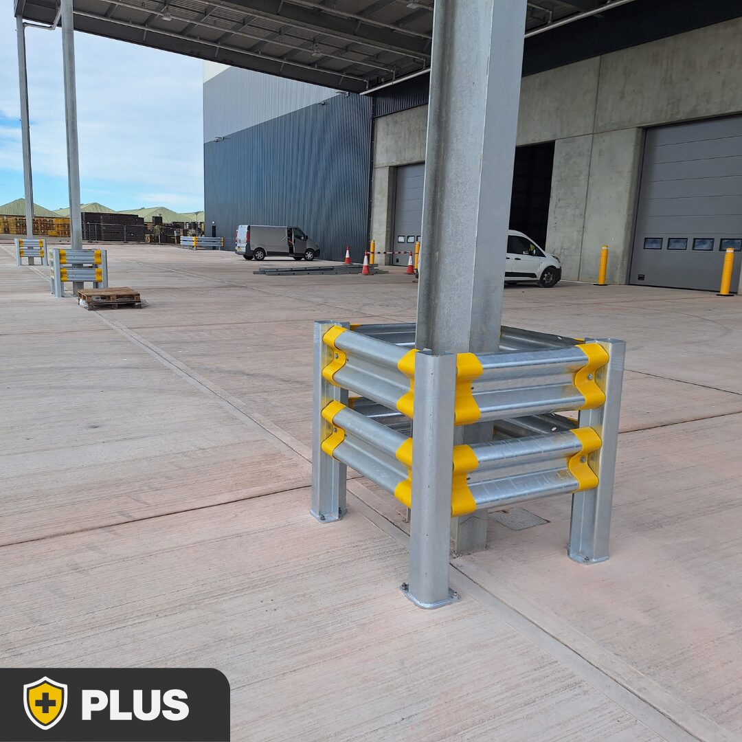 Brandsafe Armco SteelWRAP Column Protection Plus installed around a warehouse column