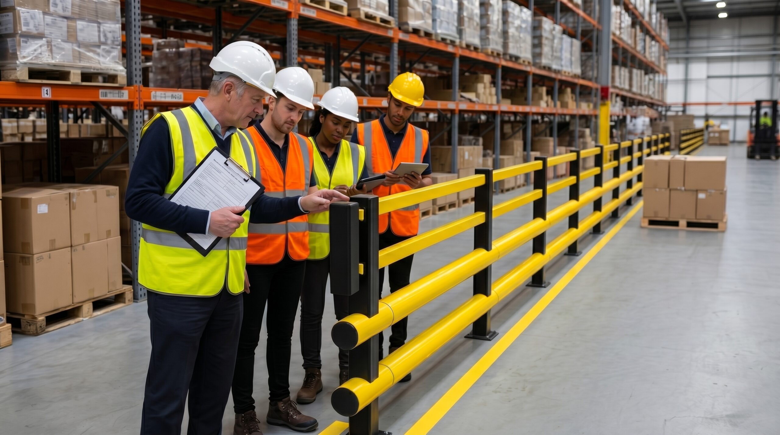 Brandsafe services. Project management consultation in a warehouse with four personnel in safety gear reviewing site safety plans